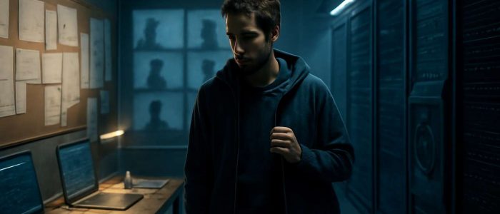 Разработчик стоит между открытой совместной средой и закрытым серверным коридором, символизируя переход Hugging Face под контроль Nvidia.